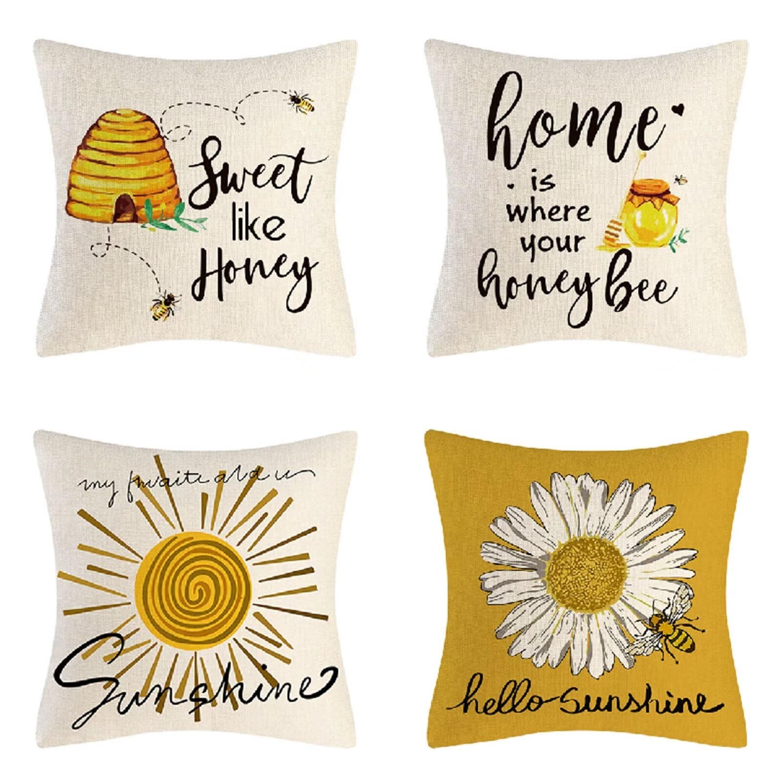 Federe Cuscini Divano 50x50cm Set di 4 Giallo Copricuscini, Bifacciale morbido Cuscini Divano con Cerniera Invisibile Girasole ape Fodere Cuscini, per Letto Sedia Soggiorno Camera Decorativo JN-9102