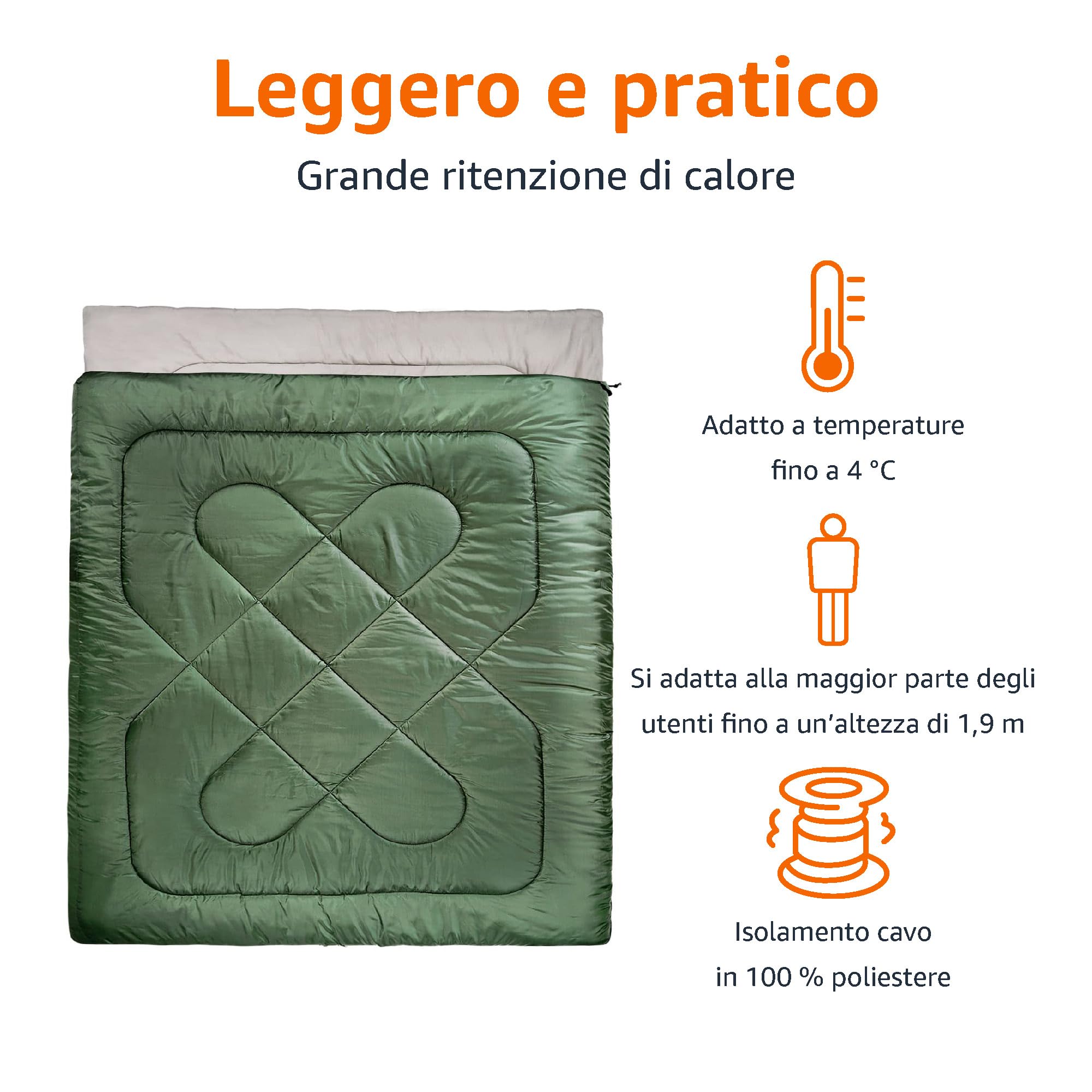 Amazon Basics Rettangolare Sacco a Pelo per Campeggio ed Escursioni con Clima Freddo, Queen Size per 2 Persone, Verde Oliva
