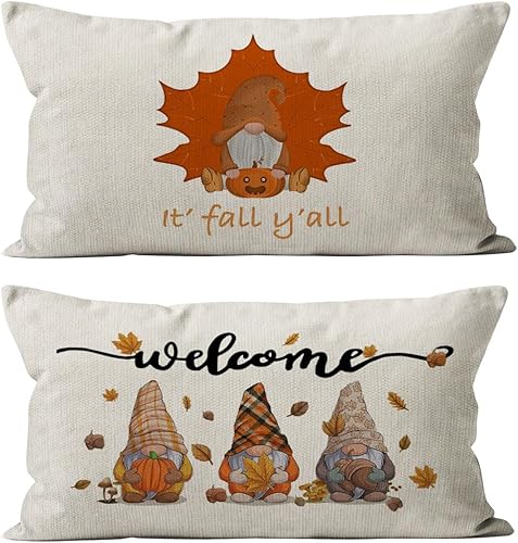 Fundas de almohada de gnomo de otoño de 12 x 20 pulgadas, reversible, funda de almohada con texto en inglés "It's Fall Y'all", fundas de almohada