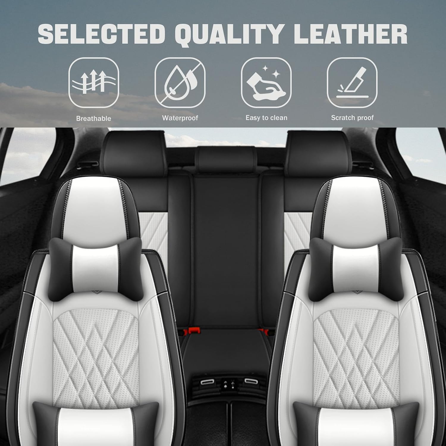 Car Seat Covers Fit for Toyota Corolla 2002-2026 Waterproof Premium Nappa Leather Seat Covers with Airbag Compatibility, Easy to Clean, Scratch Proof(Black White, Full Set with Pillow)