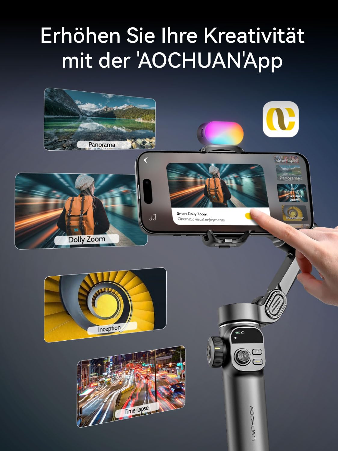 AOCHUAN Gimbal-Stabilisator für iPhone, Telefon-Gimbal mit magnetischem RGB-Fülllicht, faltbares Stabilisator mit integrierter 7,8-Zoll-Verlängerungsstange für iPhone/Android Smart X2 Kit Schwarz