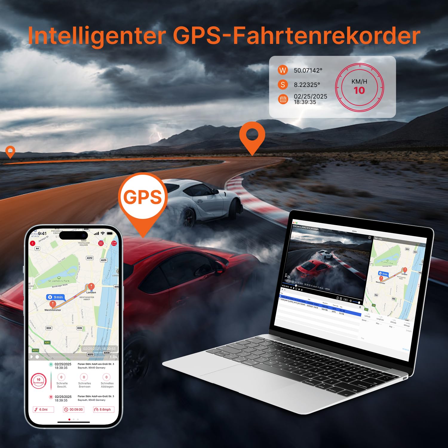 Miofive 4K/4K Dashcam Auto Vorne Hinten, GPS, 5.8GHz Wi-Fi, Dual Auto Kamera mit Nachtsicht, kostenlose 64-GB-Karte, 3-Zoll-IPS-Display,Loop-Aufnahme, HDR, APP Steuerung, Support 512GB Max