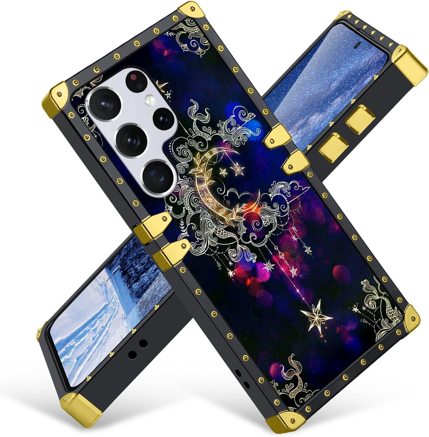 Fiyart Designed for Galaxy S22 Ultra Case Moon Star Luxury Square Soft TPU and Hard PC Back Stylish Retro Cover for Women Girls Men Phone Bumper Cover for Samsung S22 Ultra