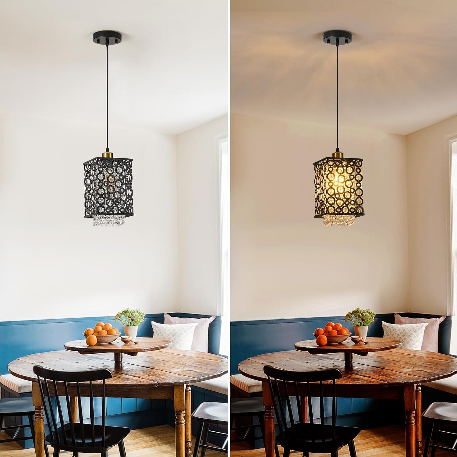 Modern Crystal Pendant Light, Black Chandelier Light Fixture, ESquare Adjustable Height Pendant Lights for Kitchen, Dining Room, Living Room, Foyer, Hallway