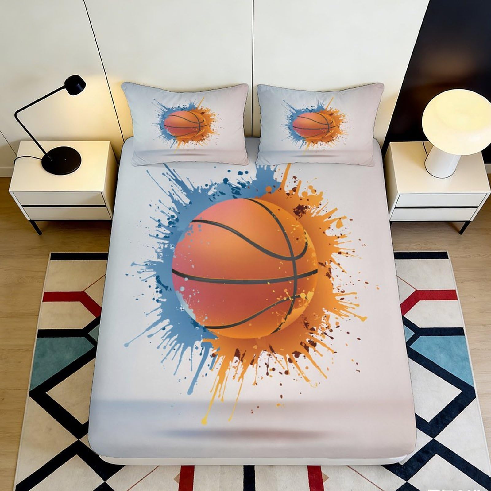 3D Printed Basketball Splash Fitted Sheet Microfiber Soft Durable Orange Blue Bed Cover for Bedroom Dormitory Guest Room Mattress Protection 180x200x25cm