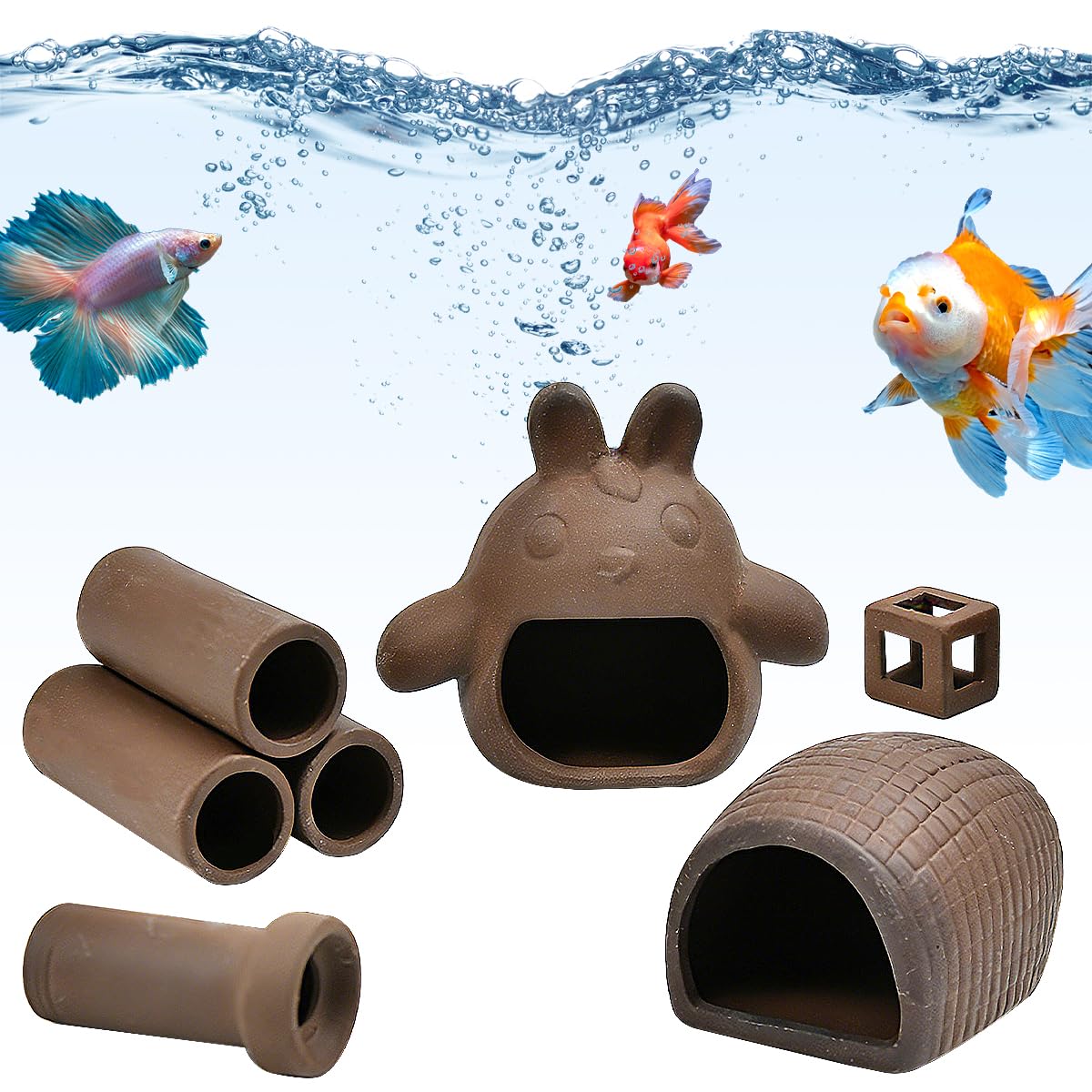 Lot De 5 Caches Et Grotte Aquarium en Argile Violette Décoration Naturelle Poisson-Chat Abri en Céramique Forme Torii Rouleau De Terre Petit Cube Cachette Aquarium