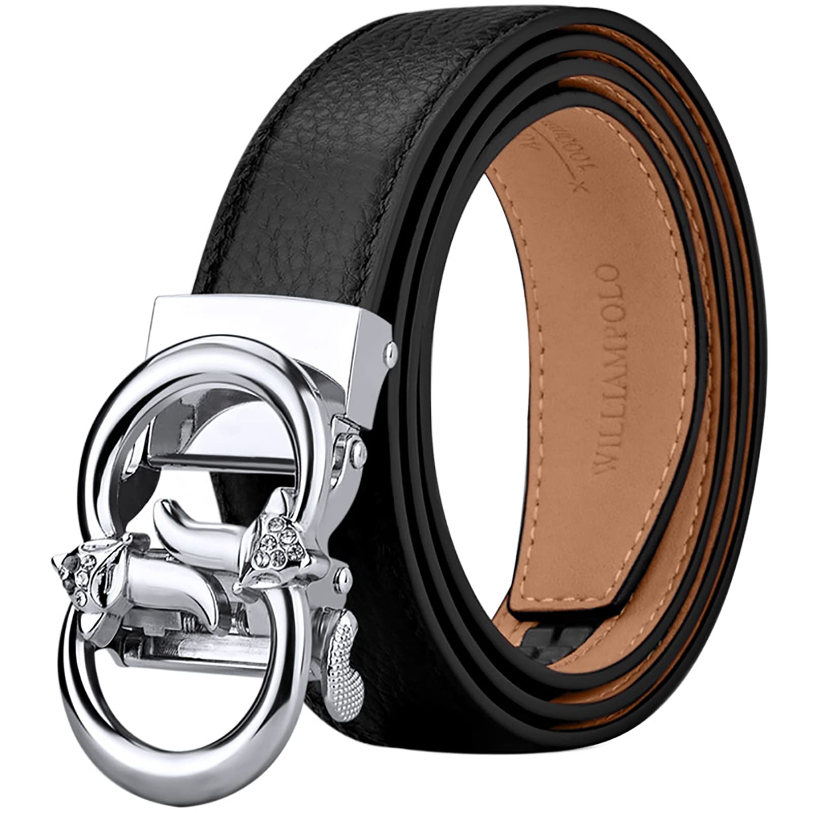 Womens Ratchet Leather Belt - Gold Silver Buckle Holeless Design for Jeans Pants