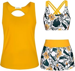 Traje de baño para mujer, diseño conservador de abdomen, traje de baño de tres piezas, 6 polos largos