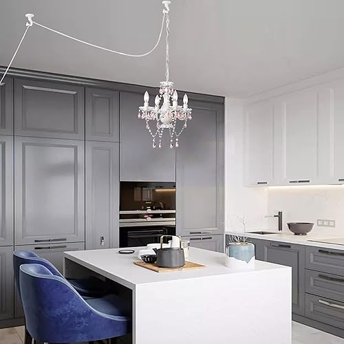 Miniatura 7 de Candelabro blanco enchufable rosa con detalles de cristal rosa, lámpara de araña de 4 luces de cristal