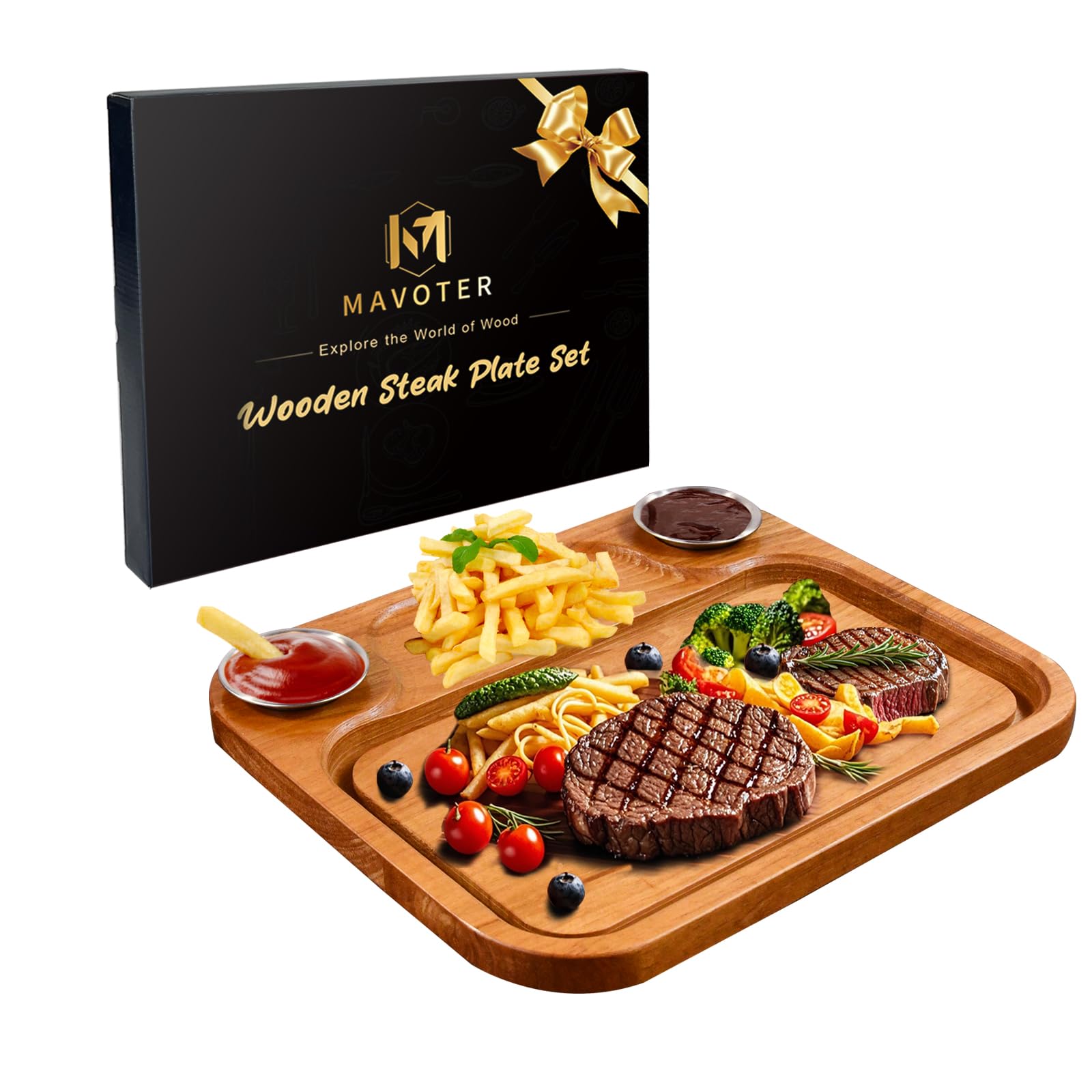 Wooden Steak Plates Board set include 2 Sauce Cups,Food Serving Tray