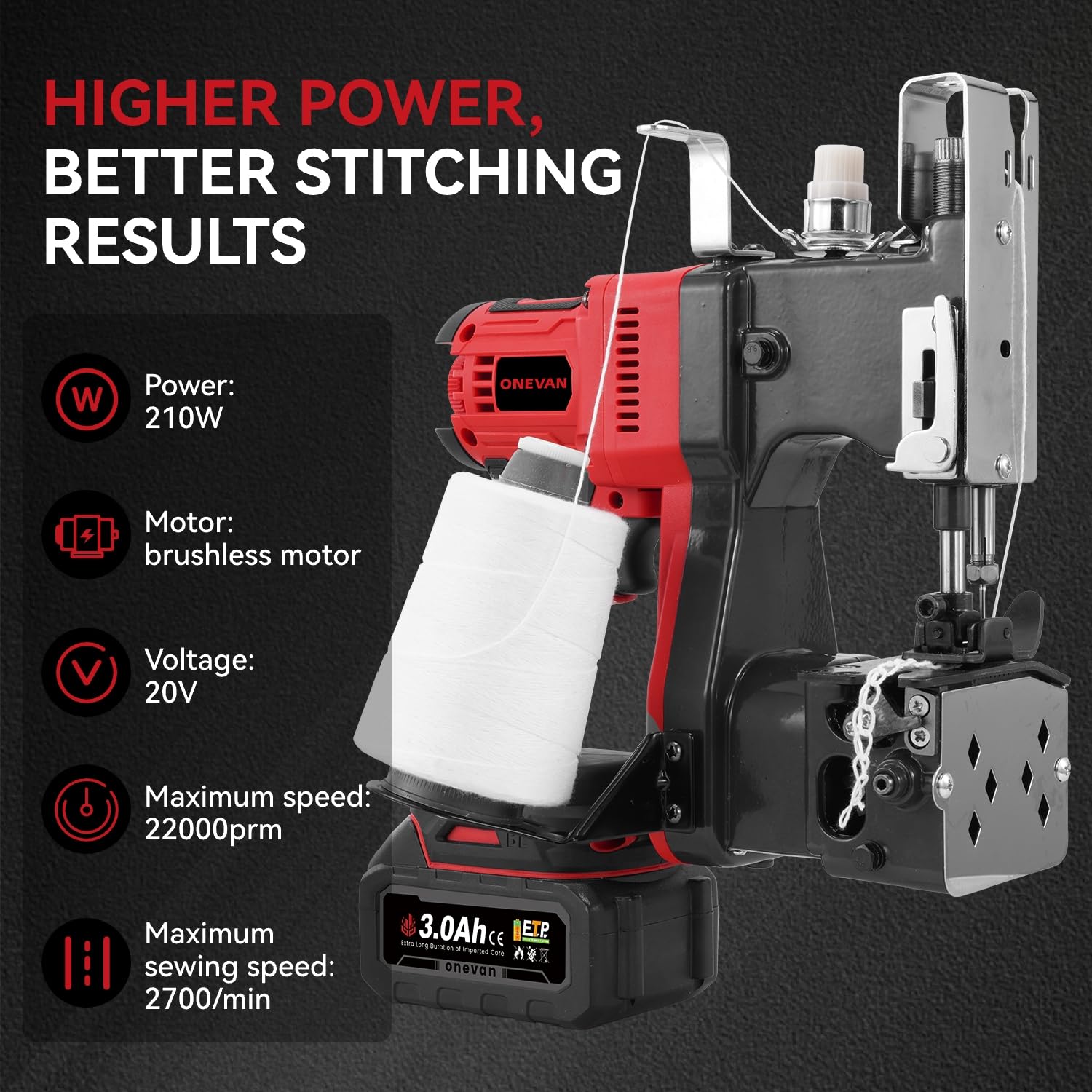 ONEVAN Elektrische Sacknähmaschine, 210W Kupfermotor, Nähmaschinen für Gewebesack & Kraftpapierbeutel, Nähdicke 8-15mm mit automatischem Fadenschneider, für Landwirtschaft, Industrielle (Rot)