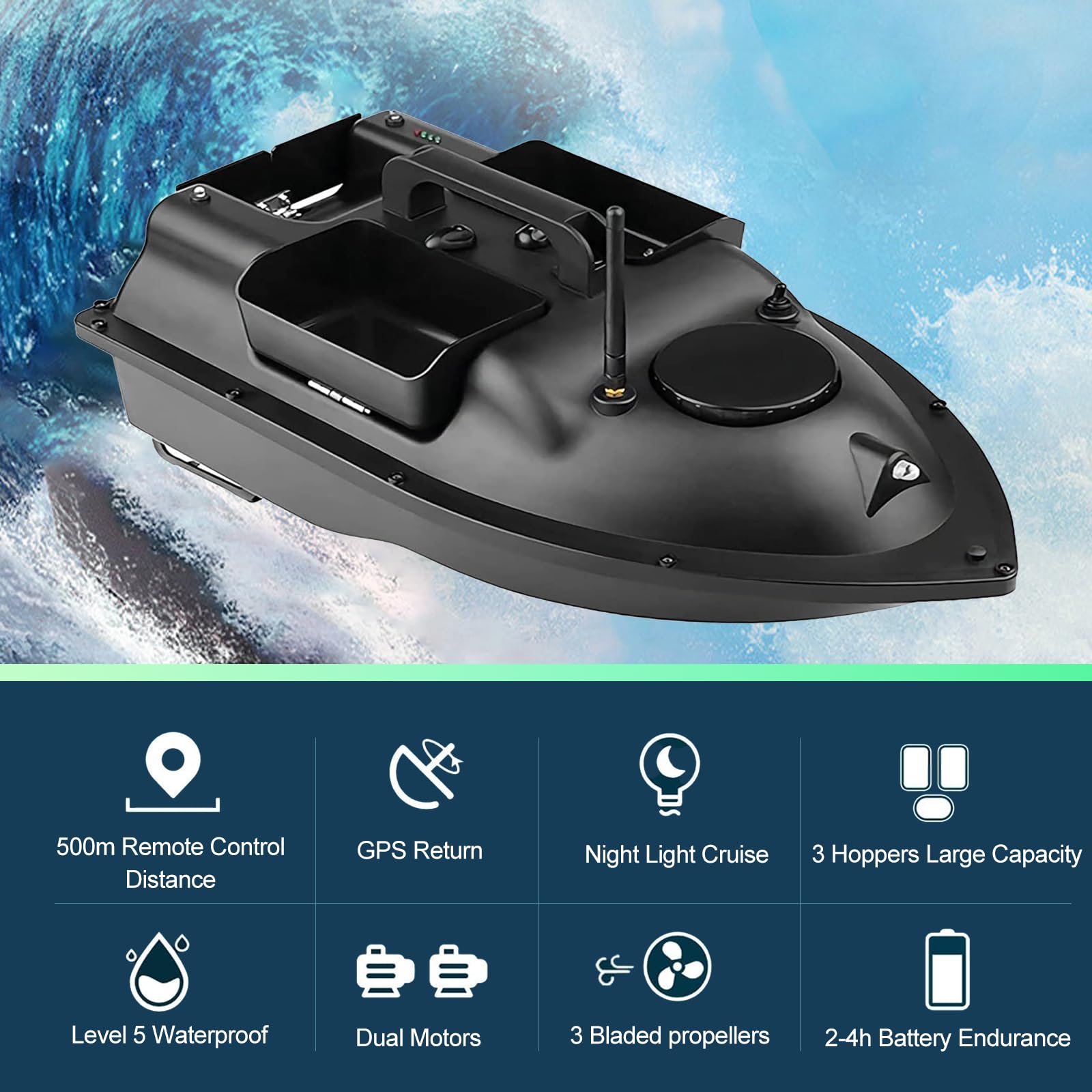 DDongdongqiang Bateau Amorceur GPS 500M avec Télécommande, Intelligent Appâts Pêche Carpe, Grande Capacité Batterie 5200mAh