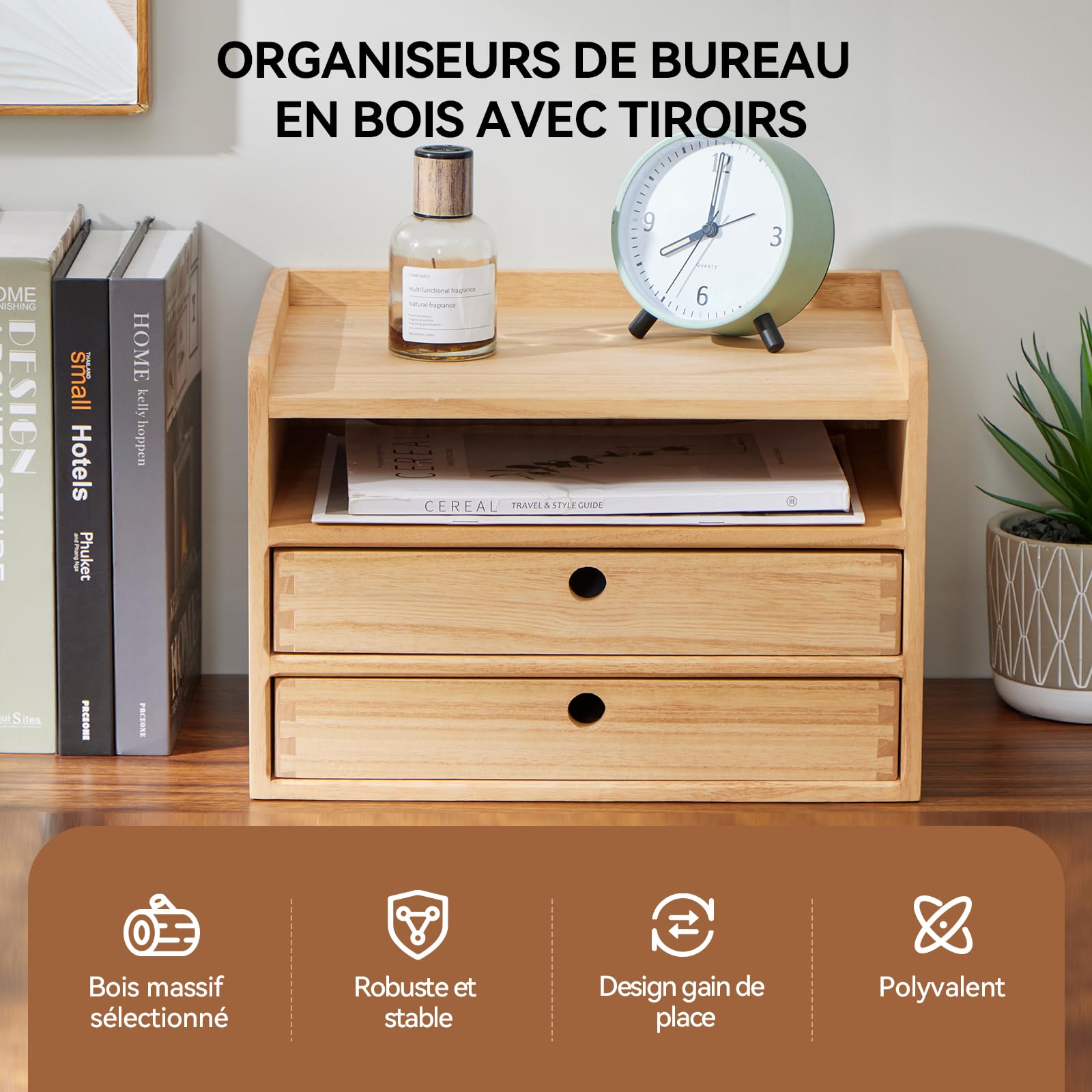 KIRIGEN Boîte de rangement en bois massif Organiseur de bureau Plumier multifonctionnel Grande capacité