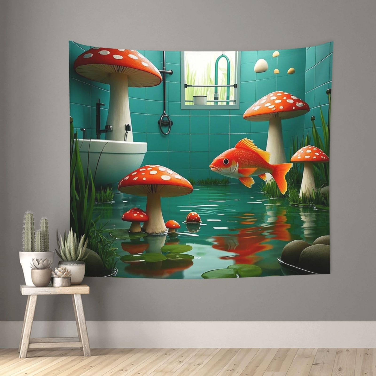 Redfish and Mushroom Fantasy River Belt Ponds Tapestry for Bedroom Aesthetic, Wall Hanging Tapestries Art Decor Backdrop Wall Tapestry for Dorm Living Room Funny Poster Party Banner Background 51" X