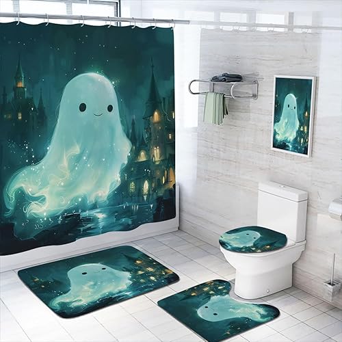 Juego de 4 cortinas de ducha de Halloween con alfombra, cubierta para tapa de inodoro y tapete de baño, diseño de fantasmas de dibujos animados,