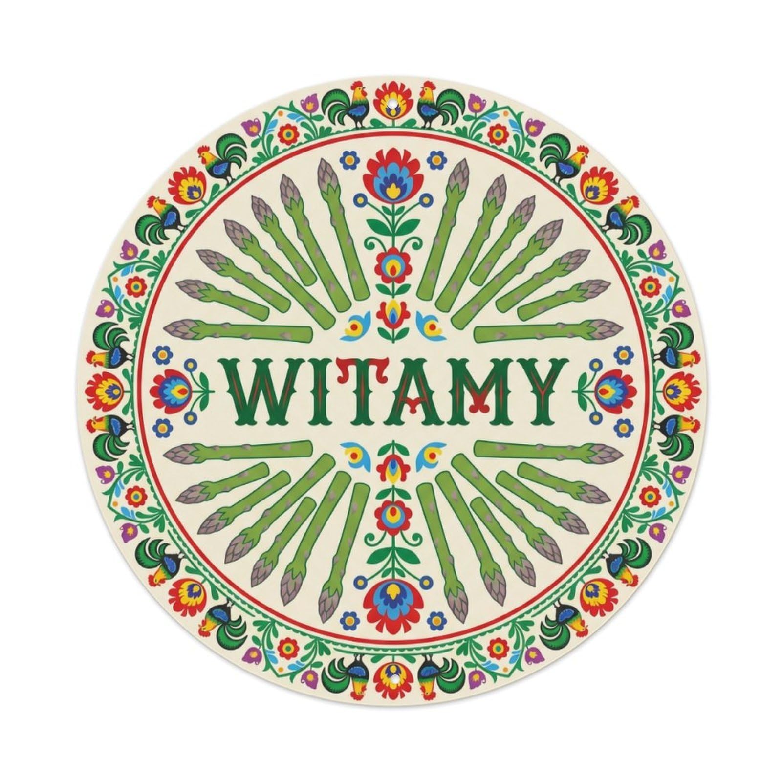 Fyrn Style Metal Tin Sign Vintage Polish Folk Art Witamy Welcome Asparagus Green