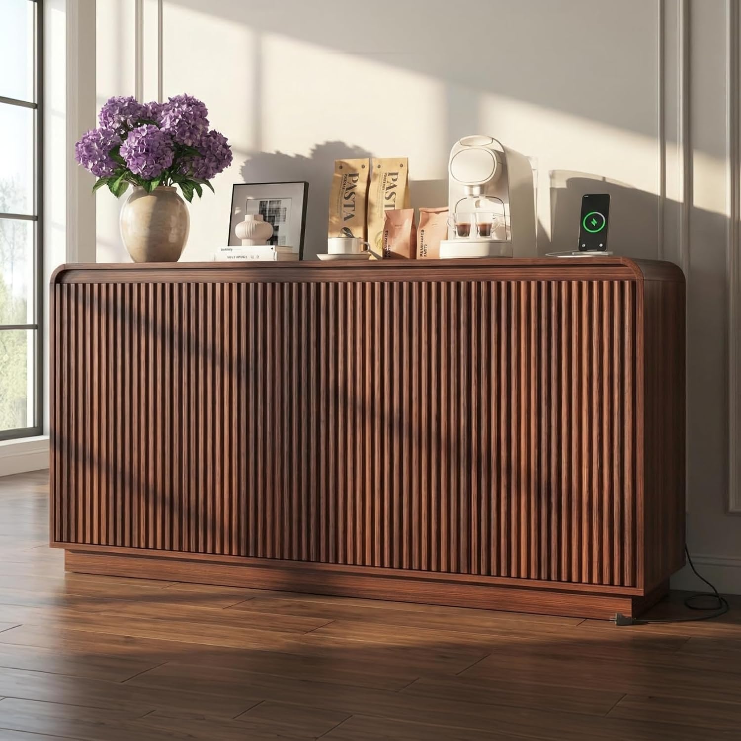 59'' Fluted TV Stand with Built-in Power Outlet & Adjustable Shelves, 4-Door Sideboard Buffet Cabinet for Living Room,Kitchen, Living Room, Entryway, Walnut
