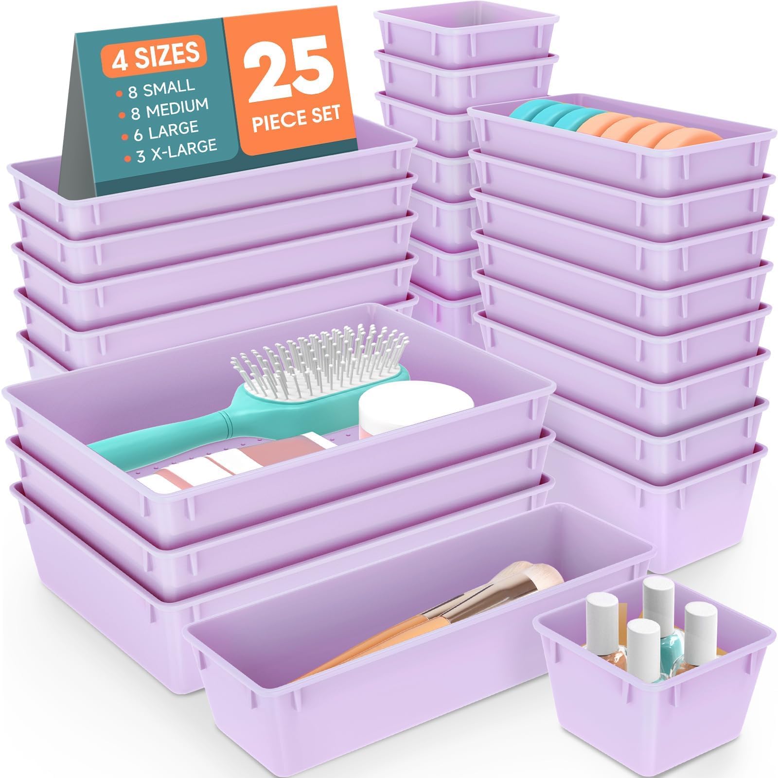 SpaceHacks 25 PCS Plastic Drawer Organizer, 4-Size Versatile Organizer Trays &amp; storage Bins