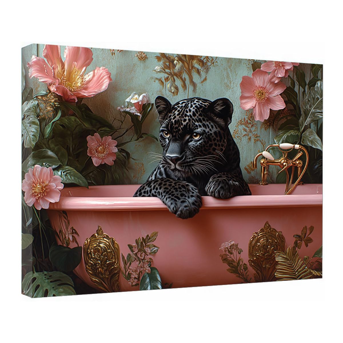 TZKRWRH Cheetah Wall Art Print Jungle Animal Decor Panther in Pink Bathtub Leopard Prints, Animals Portrait, Jungle Poster, Funny Paintings Bathroom(Black 11)-50x75cm Framed