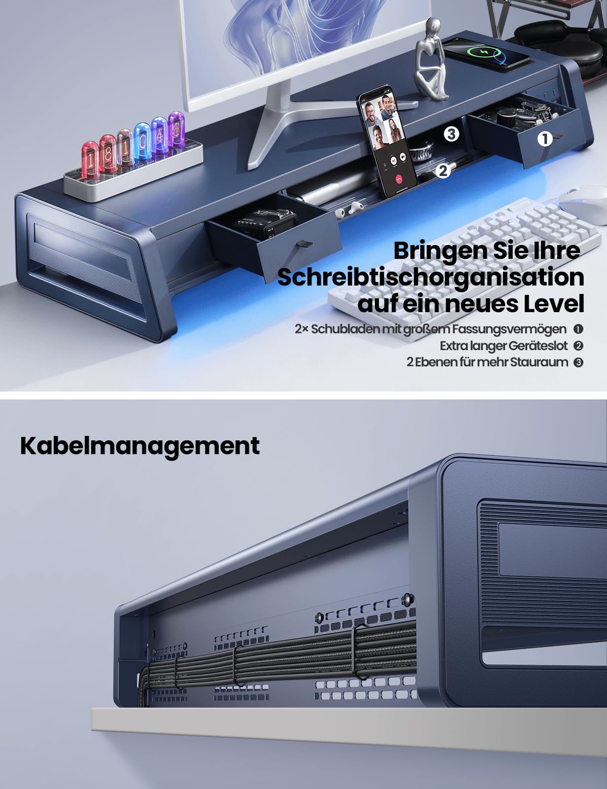VAYDEER Monitorständer 2 Monitore Bildschirm Stand [Multi-USB] [Handy-Ständer] [Schublade] [Kabel Organizer] [4 LED Modi] Schreibtisch Erhöhung Zubehör Tischaufsatz für Laptop Computer 50kg (Weiß)