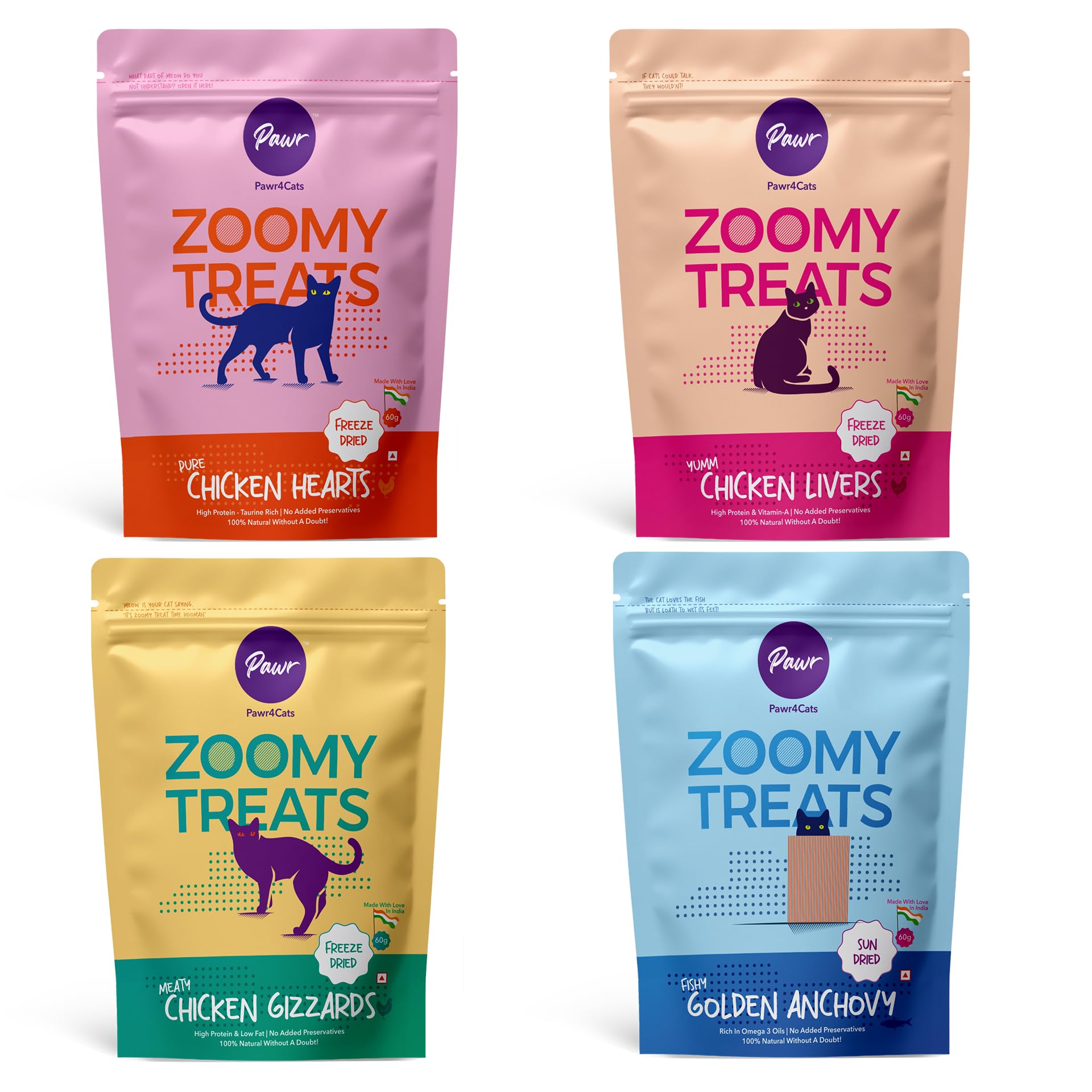 Pawr4cats Zoomy Cat Treats | Mega Saver Combo of 4 Treats | Chicken Hearts + Chicken Liver + Chicken Gizzards + Golden Anchovy Fish | 60gms Each Packet | Minimally Processed | No Preservatives (B0DC7RT63B) Amazon Price History, Amazon Price Tracker