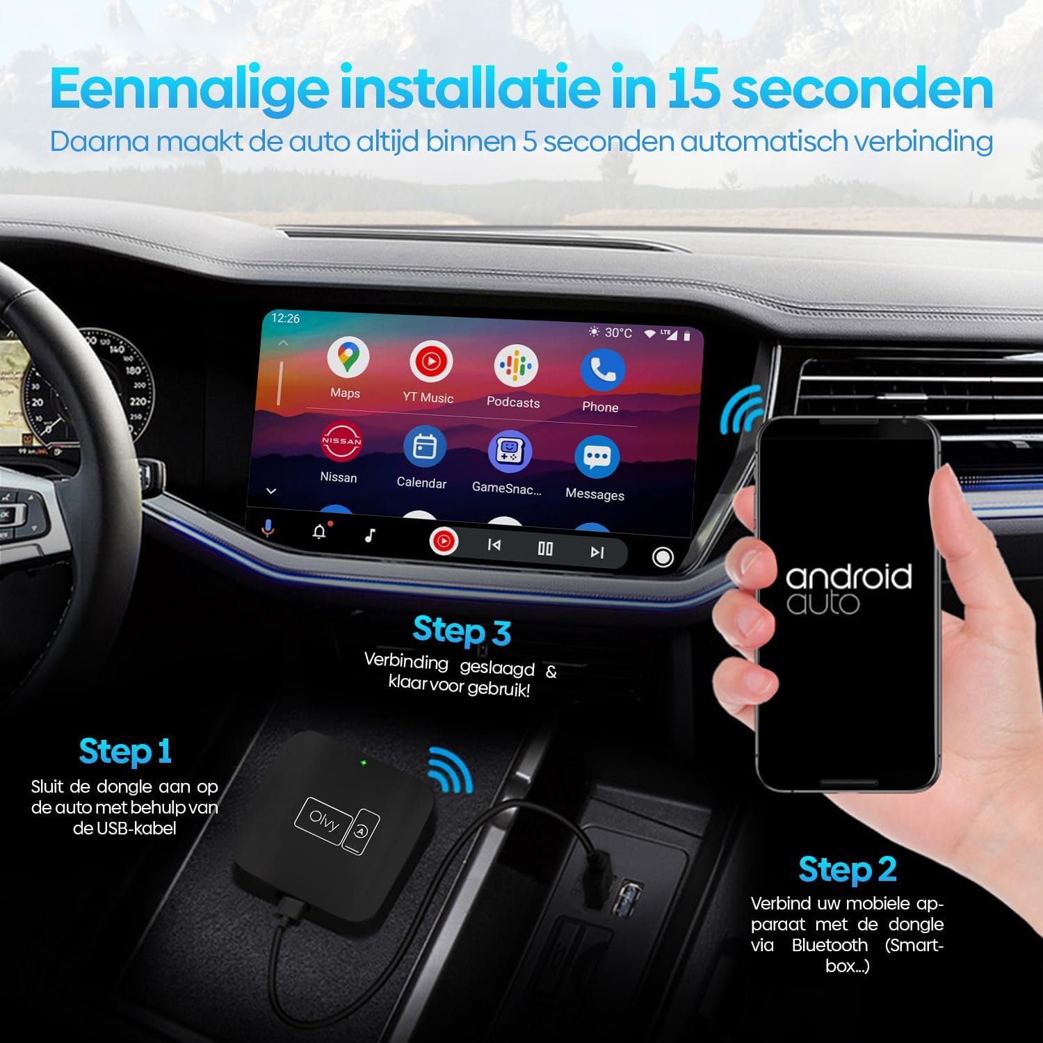Three-step setup process for the Olvy Wireless Android Auto Dongle. Step 1: Connect dongle to car via USB. Step 2: Pair smartphone with dongle via Bluetooth. Step 3: Wireless connection established, Android Auto displayed on car screen.