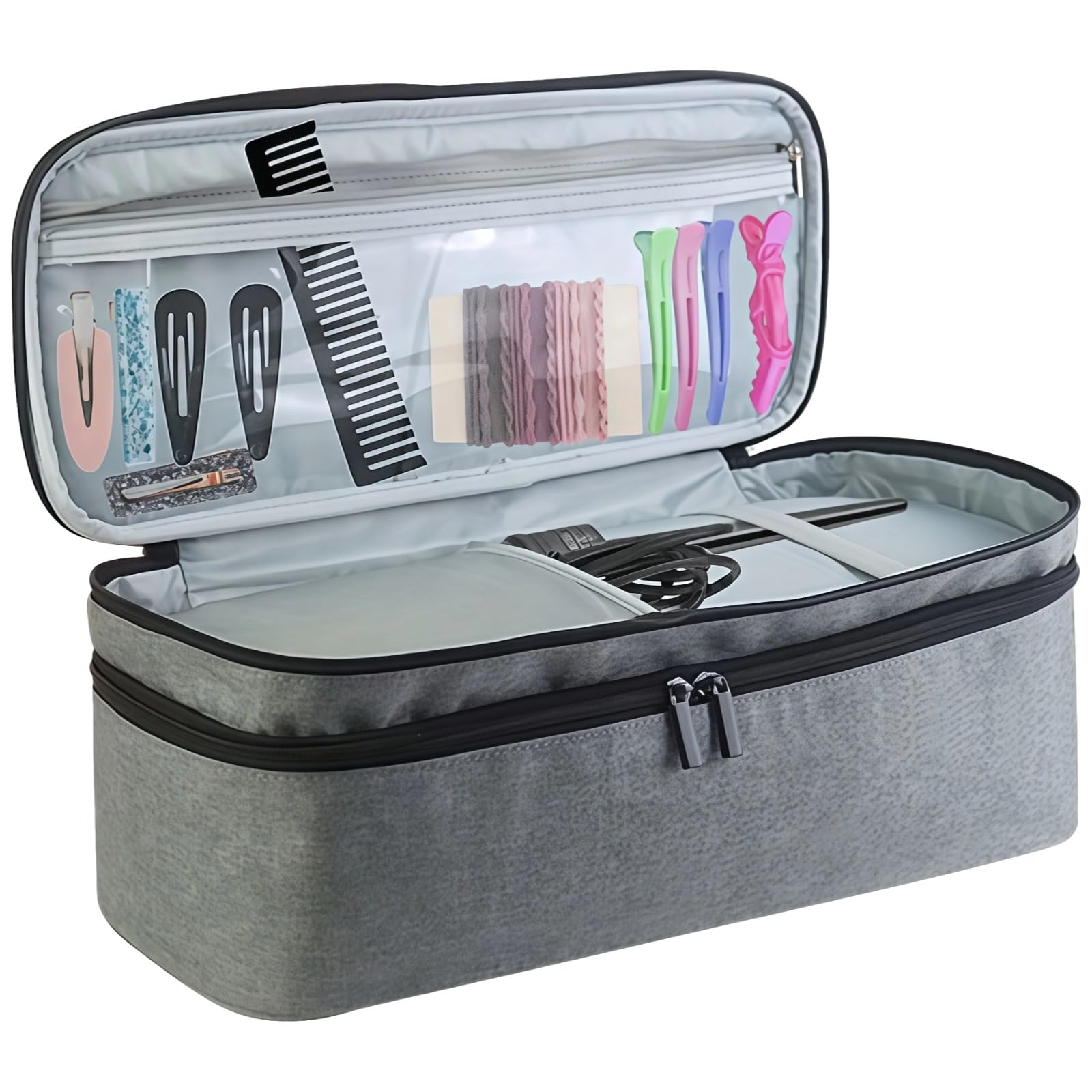Packool Grey Hair Dryer Travel Carrying Case, Hair Tools Travel Organizer Bag, Double Layer Zipper Case, Large Capacity, Curling Iron Storage Bag, Fits Hairdryers, Curlers, Brush Accessories