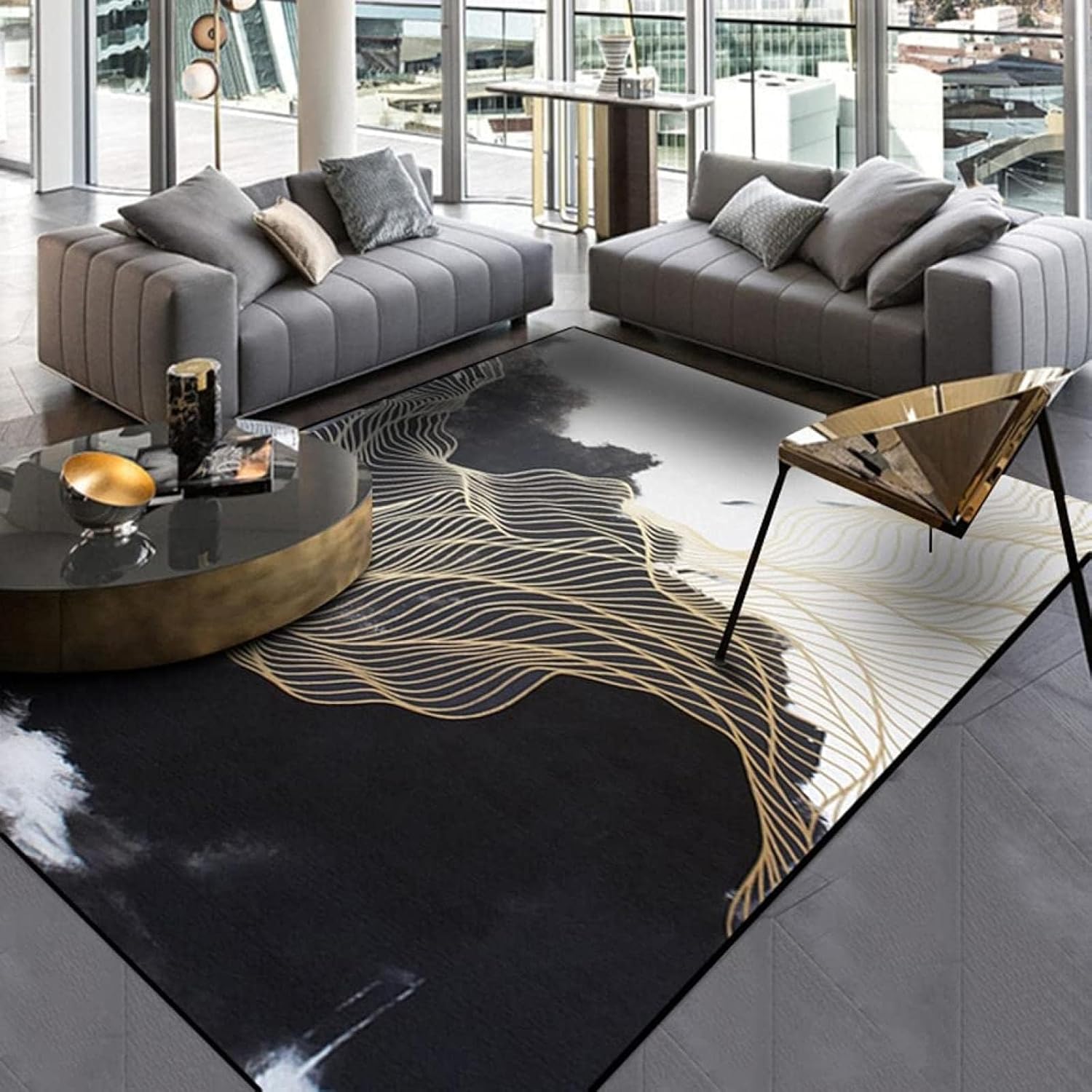 Black and Beige Gold Area Rugs, Stylish Art Marble ugs for