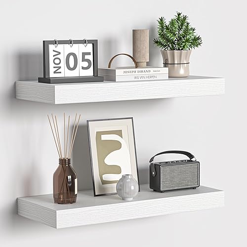 Miniatura 92 de Fun Memories Estantes flotantes de 16 pulgadas – Estantes de pared de madera de color blanco rústico profundo – Estante de almacenamiento para pared