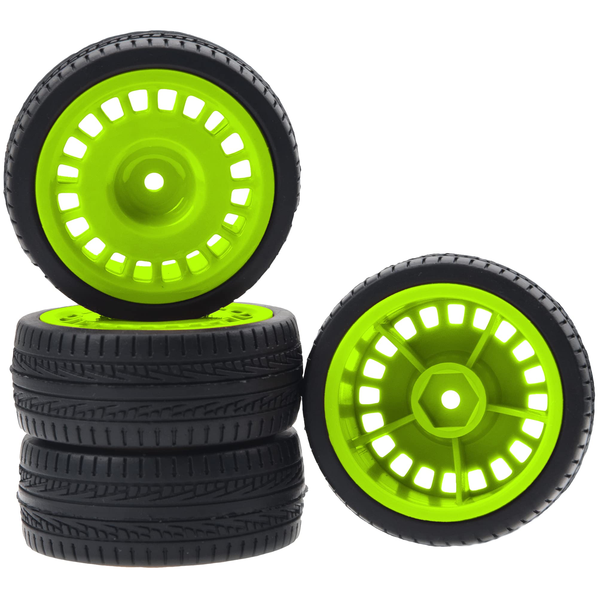 Mirthobby 4-Pack RC Rubber Tires & Rims - 65mm OD, 12mm Hex Hub For 1/10 On-Road Touring Cars (Redcat, HSP, Tamiya)