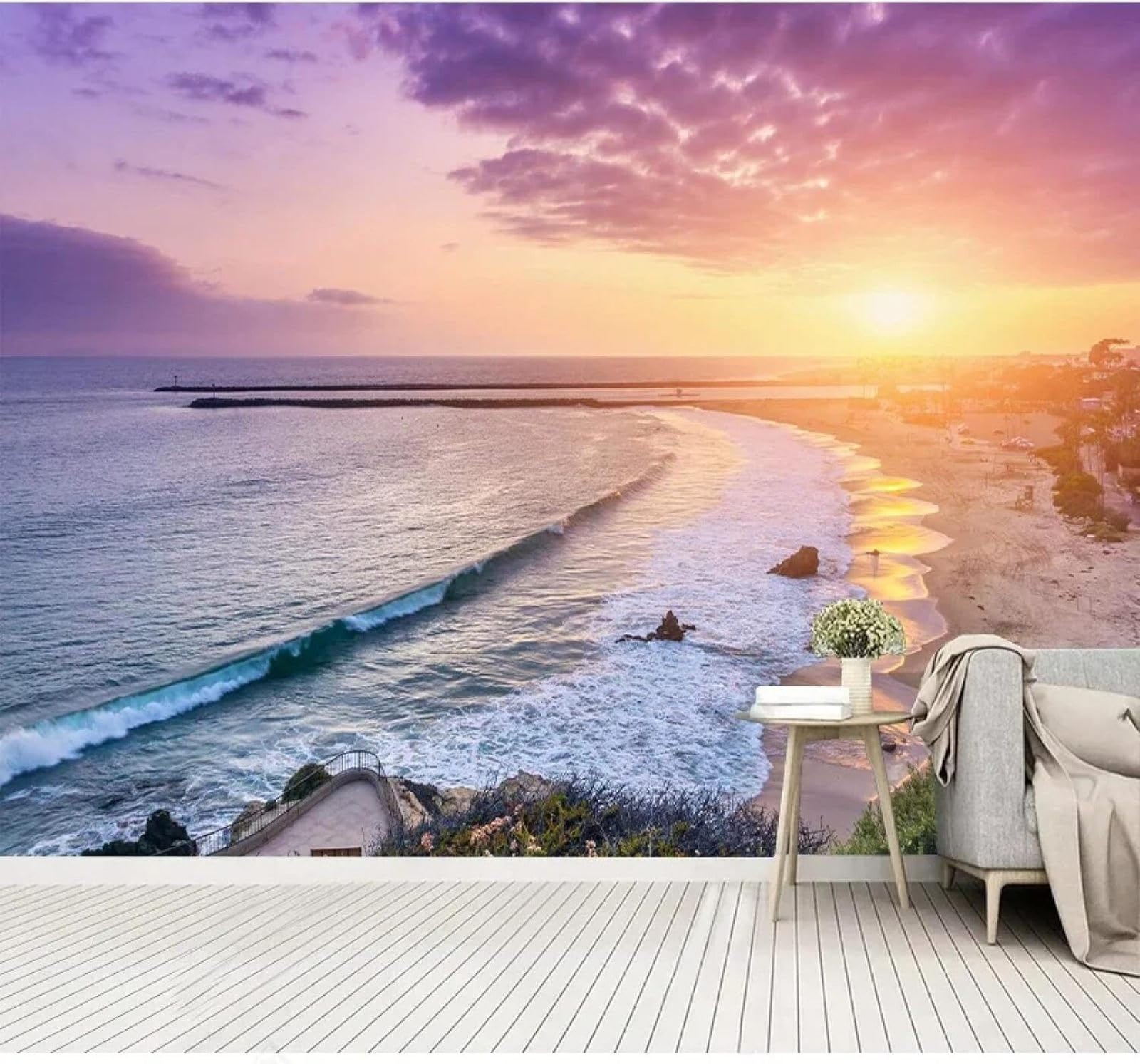 Tzxztt Beautiful Sunset Beach Scenery Art Modern 3D Wallpaper Premium Textured Silk Neutral Tones Material Ideal for Living Room Bedroom-430cm×300cm