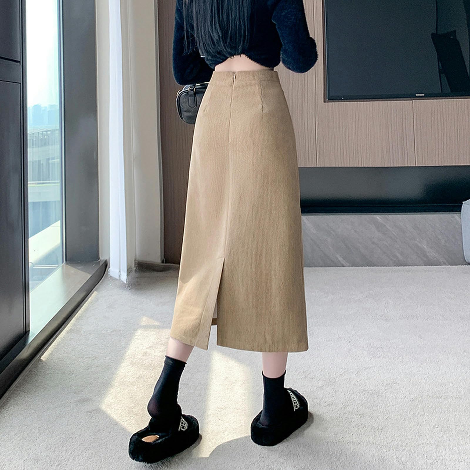 Röcke Damen Cord -midi -Rock - Hoher Taillierter A -line Midi, Vielseitiger Herbst Winterstil Frauenröcke Schlanker Passform Und Wärme-braun-XL