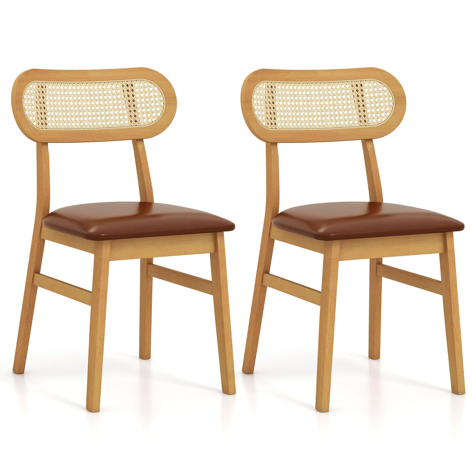 HOMASIS Juego de 2 sillas de comedor acolchadas, sillas de cocina con respaldo de ratán, silla tapizada de piel sintética, patas de madera maciza, soporta 180 kg, sillas de madera para comedor,