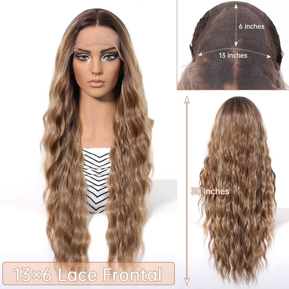 Haarpflege 13x6 HD Lace Front Perücke 76,2 Cm Lang Gewellt Ombre Blond Perücken Ohne Kleber Vorgezupft Hitzebeständig(Warm Brown Balayage)