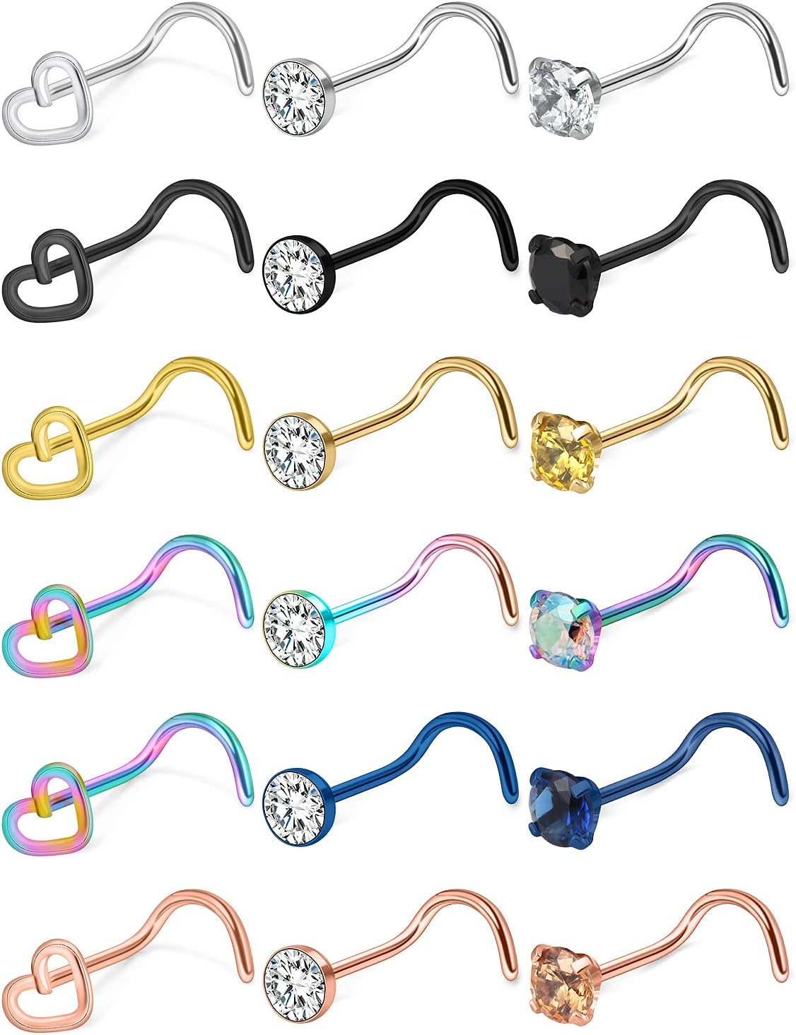 18G 20G Nose Rings Studs Stainless Steel Straight Spiral Screw Nose Rings Piercings Jewelry for Women Men Silver Black Rose Gold Bule Colorful