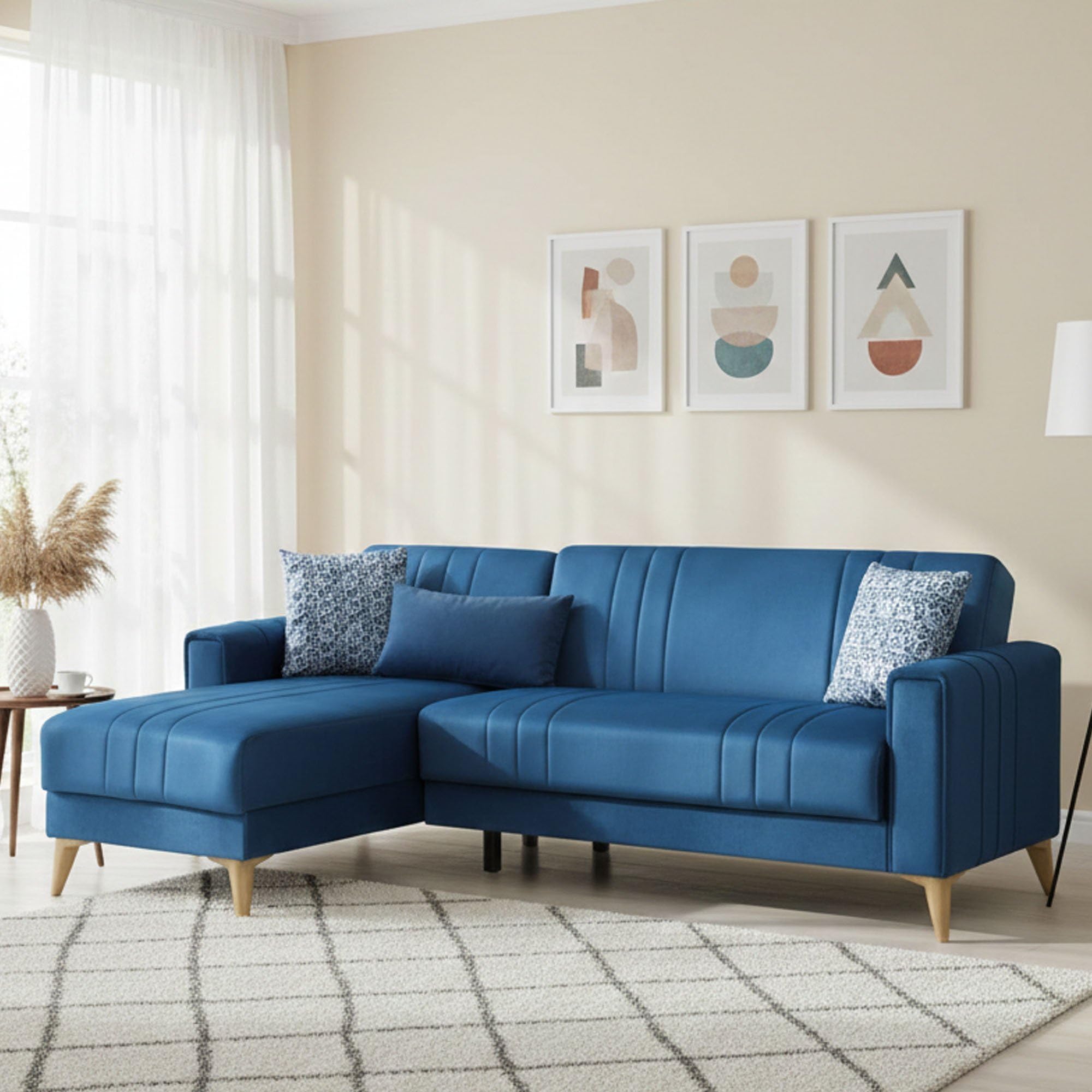 Divano Letto con penisola Miguel, Divano Contenitore ad Angolo con 3 Cuscini, Sofà in Tessuto con Apertura Click-clack, 225x151h84 cm, Blu