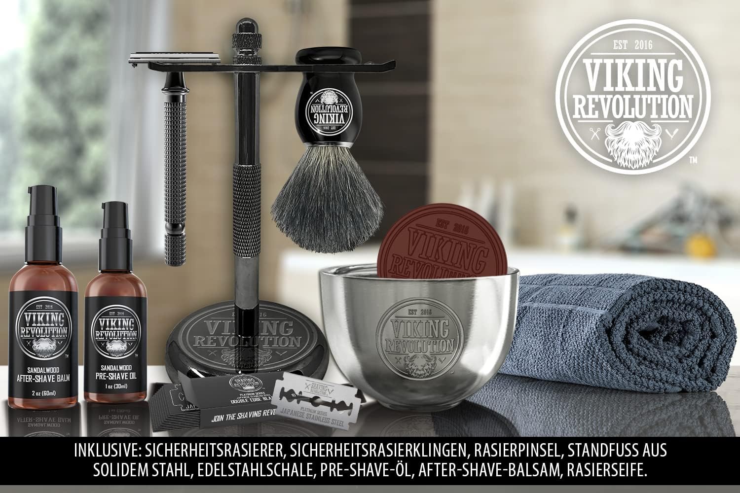 Viking Revolution - Luxus Rasierset Für Manner - Sicherheitsrasierer mit Doppelter Schneide, Ständer, Schale, After-Shave-Balsam, Pre-Shave-Öl, Dachs-Bürste, Rasierhobel Herren - Geschenke Für Männer