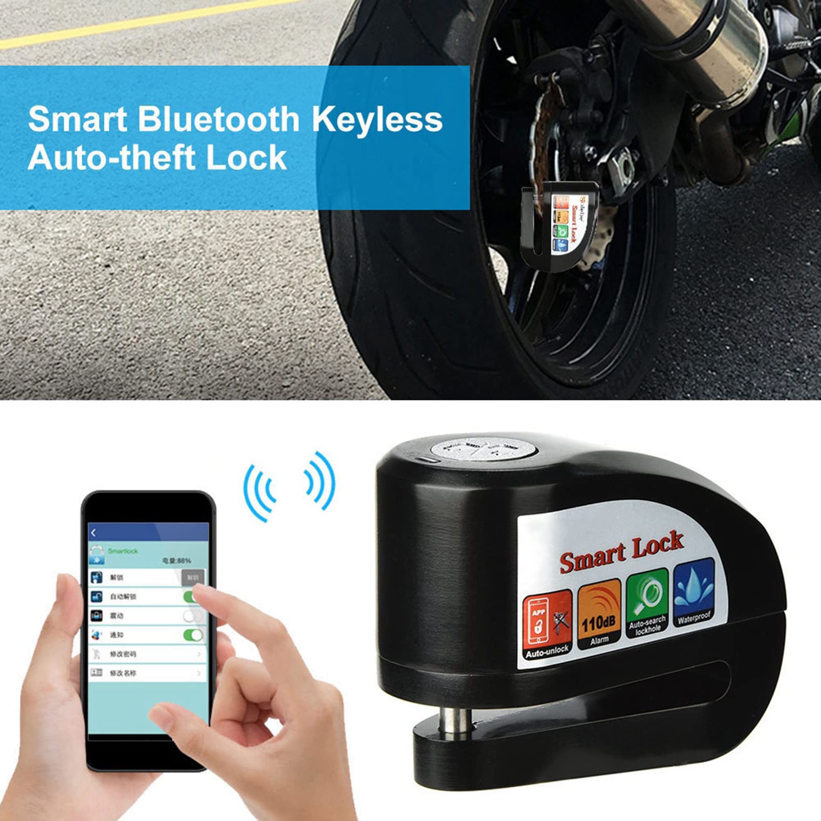 Sonew Blocco Moto con Controllo Senza Chiave APP e Allarme Antifurto, Funzione di Sblocco Automatico (Lucchetto + telaio del lucchetto + corda)
