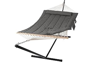 SUNCREAT Double Cotton Rope Hammock with Stand and Pad, Dark Gray