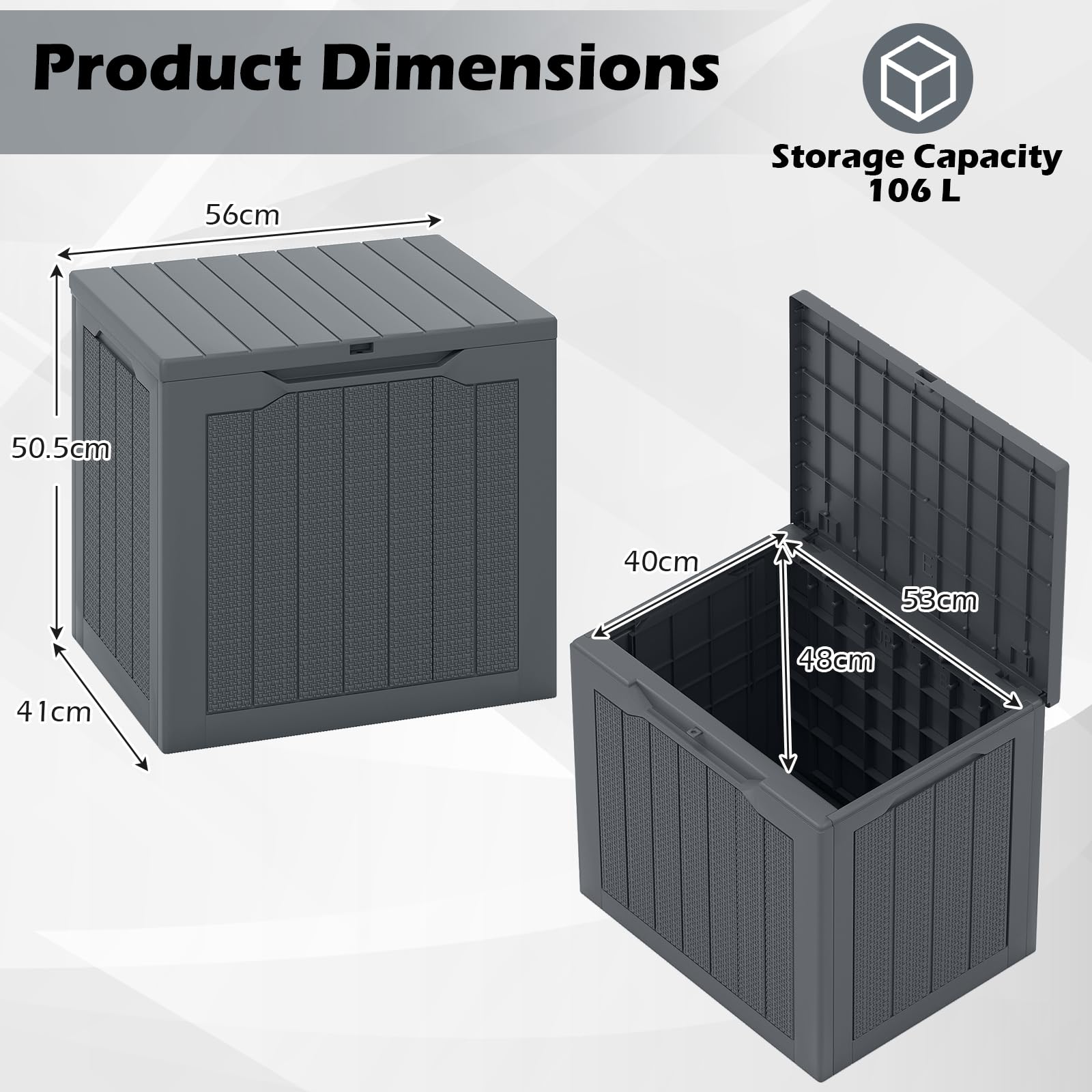 FANTASK 106L Gartenbox, 56 x 41 x 50,5 cm, Outdoor Kissenbox mit abschließbarem Deckel, Auflagenbox wasserfeste, Schrank Rattan-Optik für Poolzubehör, Gartengeräte, Pakete (Grau)