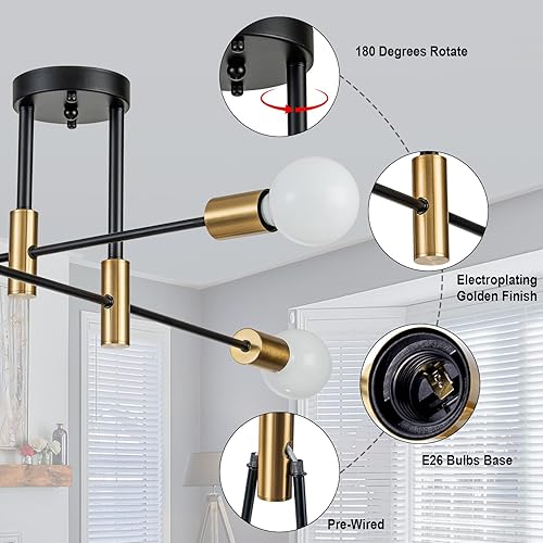 Miniatura 27 de Sputnik Candelabros, lámpara de techo moderna semiempotrada con base E26, lámparas industriales de mediados de siglo para cocina, granja, Negro