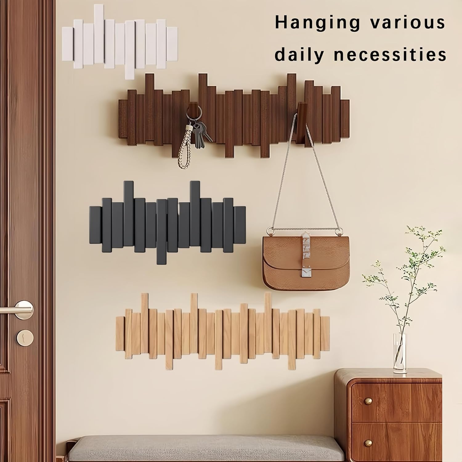 Piano Coat Rack Wall Mount, Wooden Piano Key Coat Rack with Flip Down Magnetic Hooks, Wall Mounted Coat Hanger for Entryway Bedroom Kitchen (Walnut Color, 12 Hook)