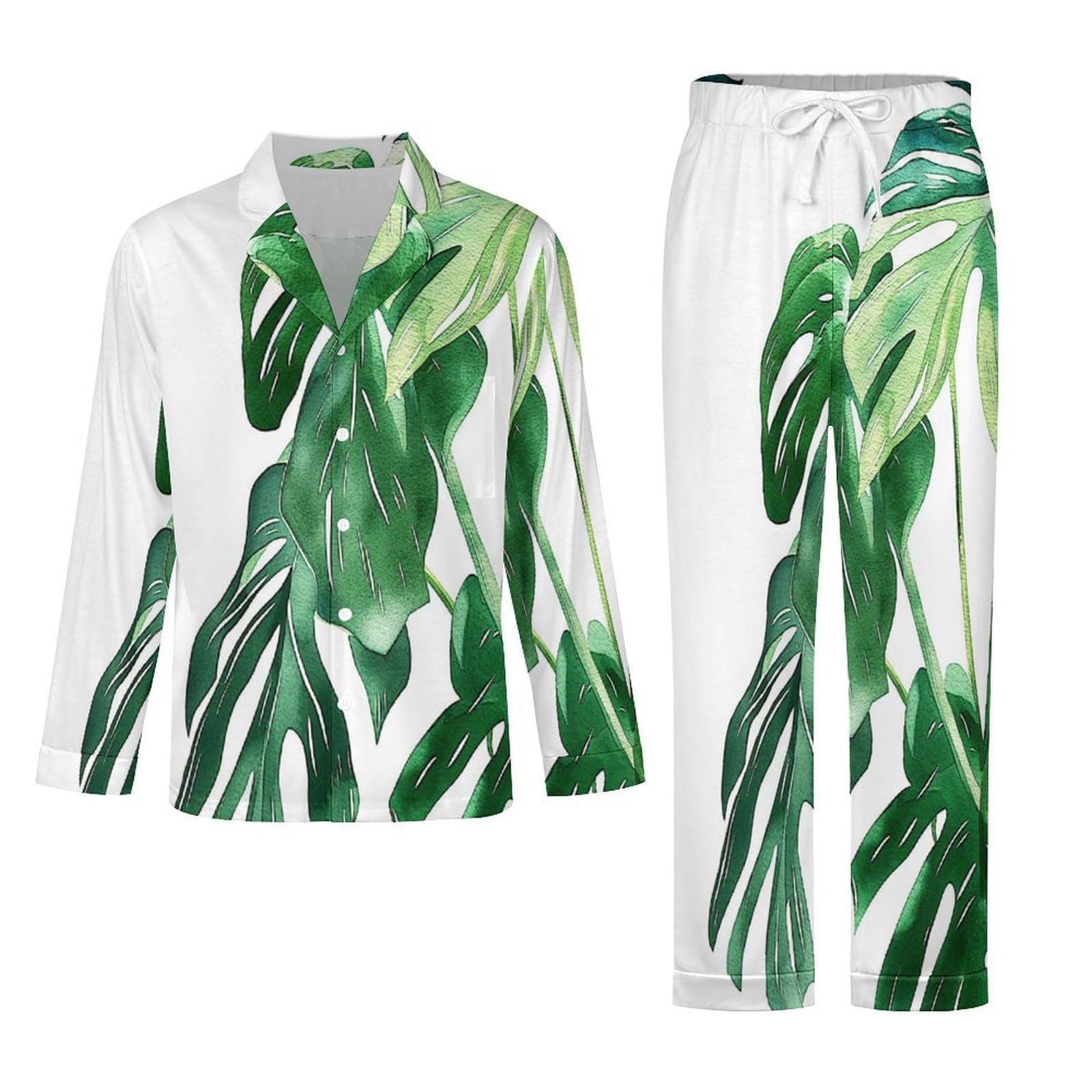 OLEETS Completo Pigiama da Uomo - Foglie Verdi Pigiama Invernale Pantaloni Top Caldo Autunnale Traspirante Morbido 2 Pezzi Casual Ampio