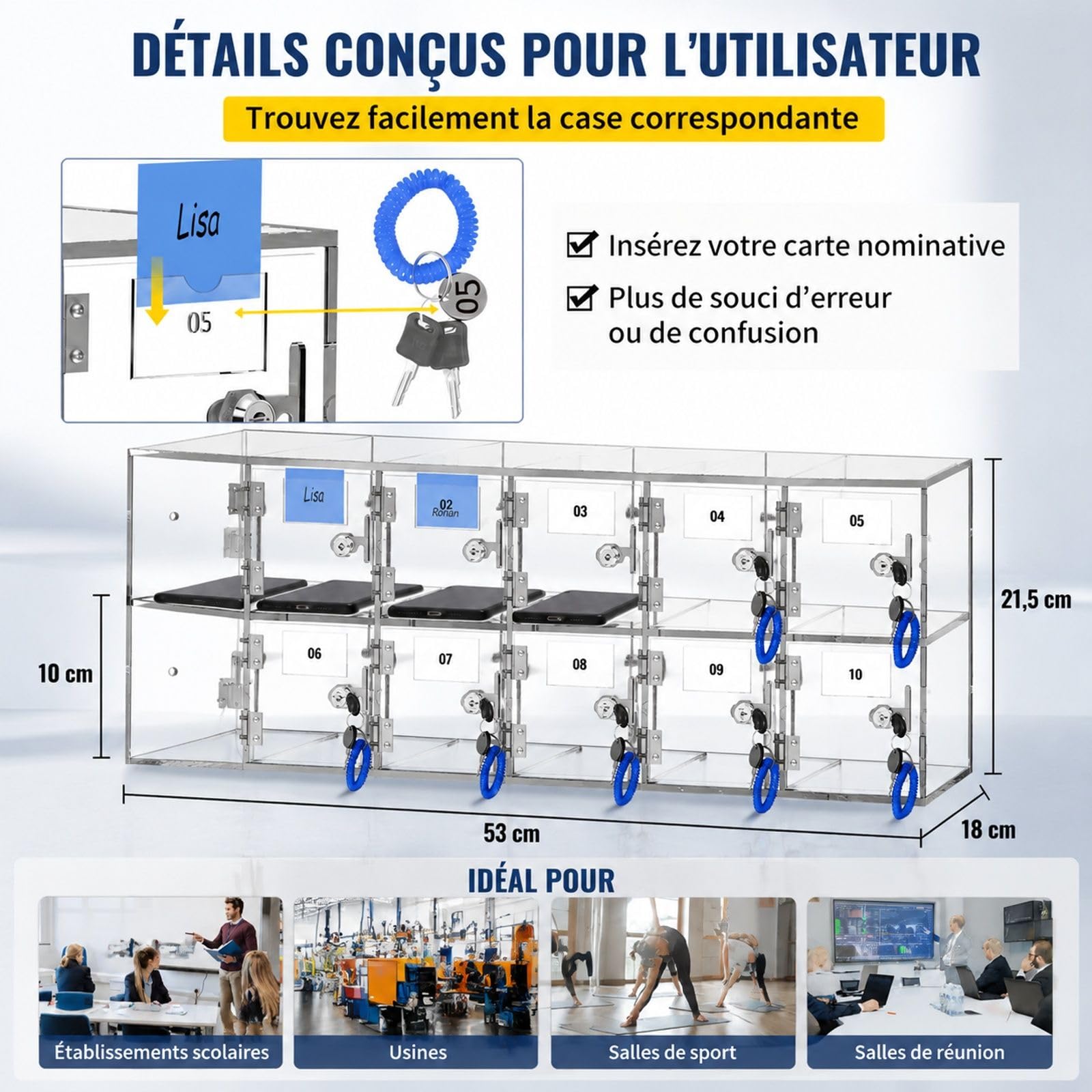 Casier pour téléphones portables en acrylique transparent avec 10 emplacements et clés, armoire de rangement pour bureau, école et salle de réunion
