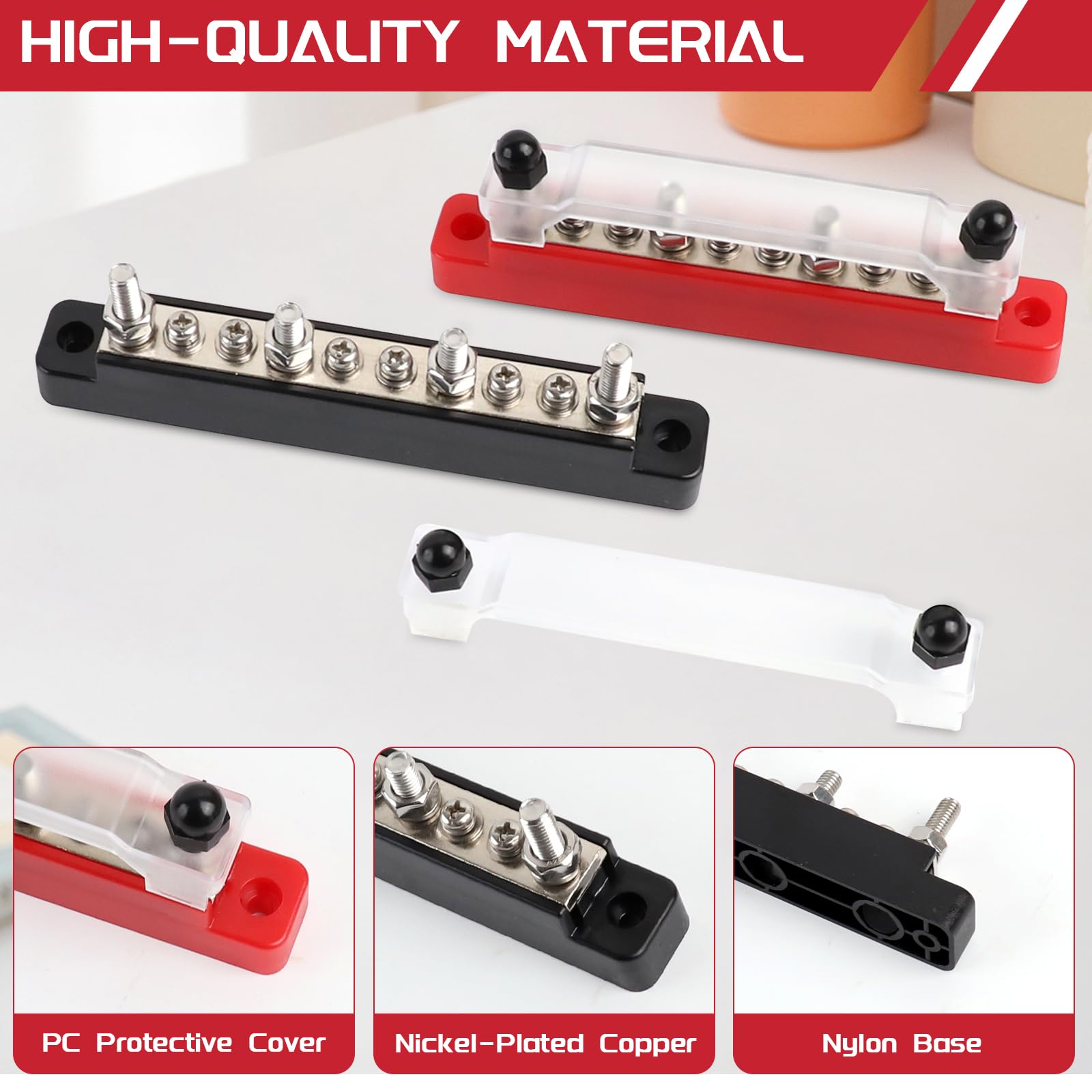Bloc de Distribution D'alimentation 12V-48V DC Barres de Distribution D'énergie BusBar 150A avec 6 x M4 & 4 x M6 Boulons de Borne, Bloc de Connexion de Batterie pour Voitures, Camping-Cars, navires