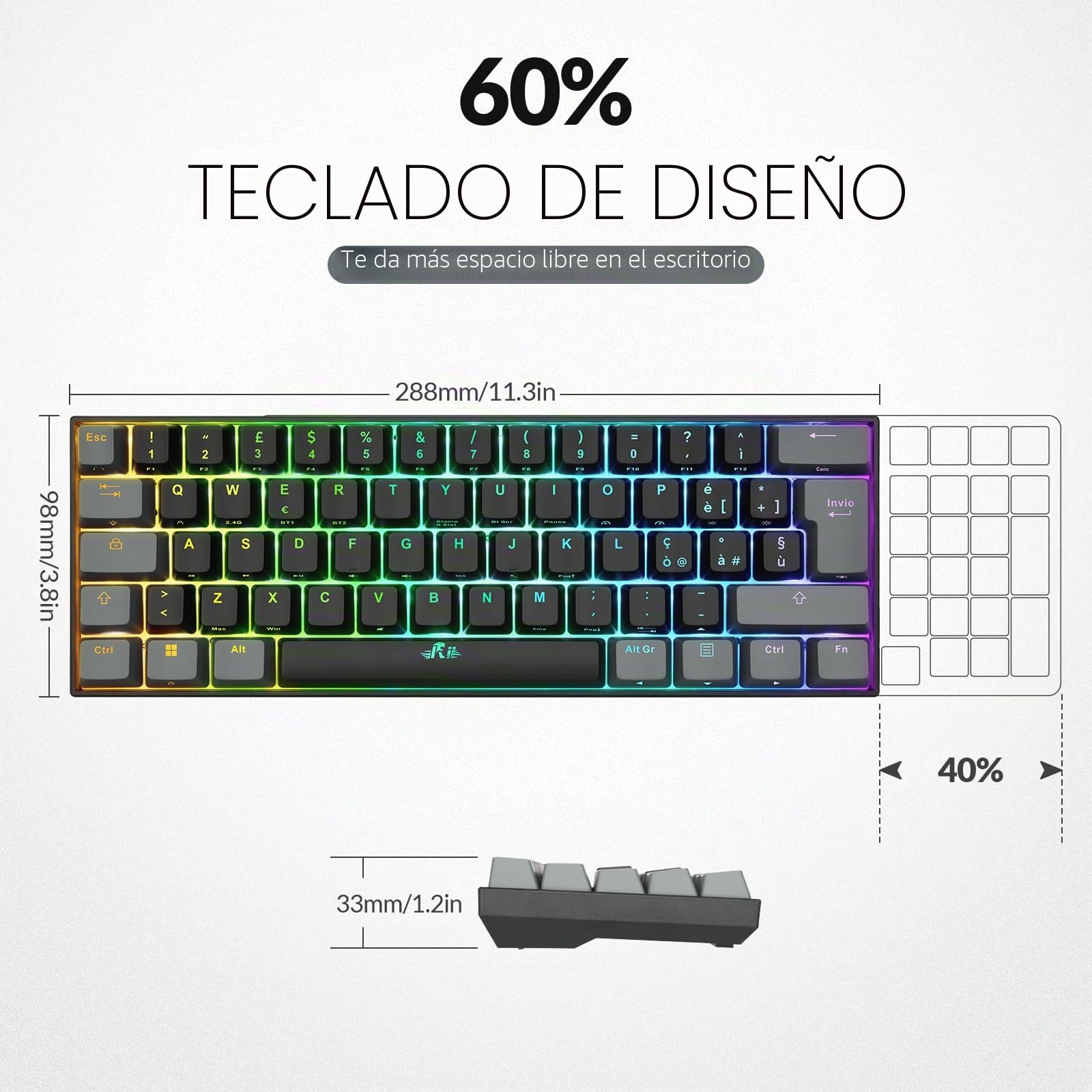Rii Gaming RK802 - Teclado mecánico silencioso, tamaño reducido al 60%, triple conexión (Wireless + Bluetooth + USB), batería recargable, retroiluminación RGB de 16 colores, anti-ghosting