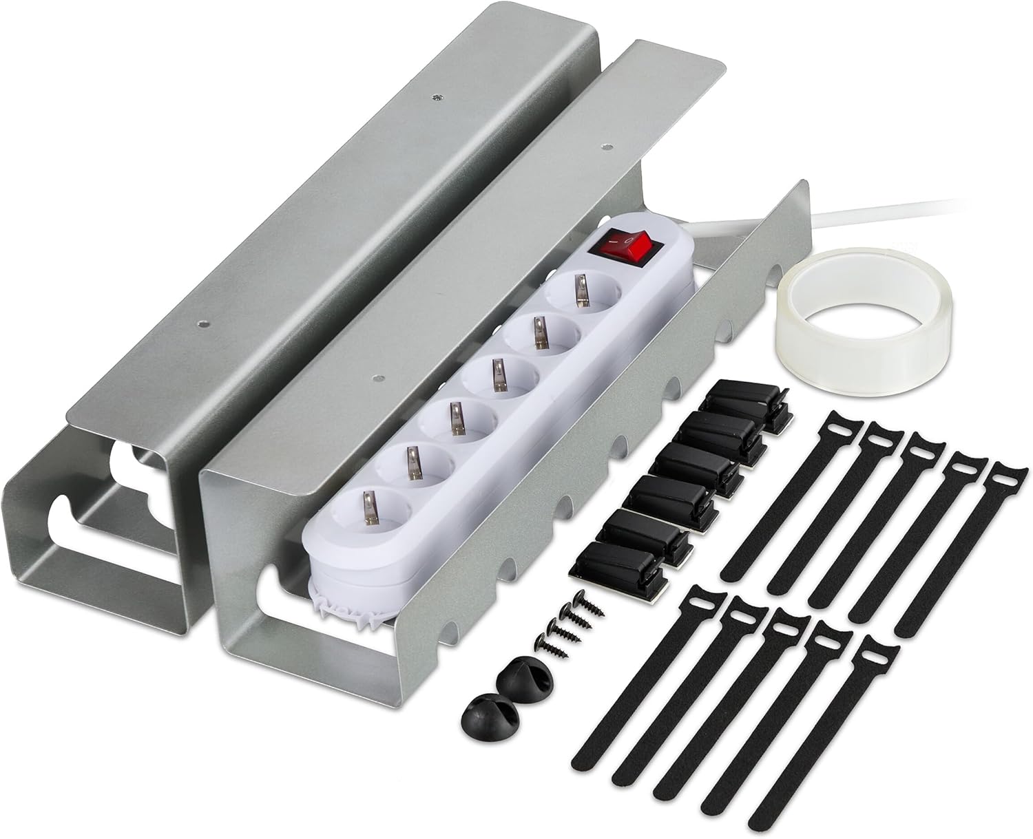 Relaxdays Cable Duct Desk, Set of 2, Cable Management, HBT: 10 x 43 x 10 cm, Accessories for Fixing, Silver