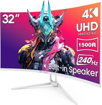 CRUA 32" 4K 240Hz Curved Gaming Monitor, 1500R, FreeSync, Speakers, White | UHD 3840x2160 16:9 VA, 120%sRGB, HDMI2.1/DP1.4, 75x75mm Wall Mount for PC Gaming, Movies, Streaming, Editing and Multitasking