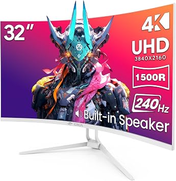 CRUA 32" Curved Gaming Monitor, 4K UHD 3840x2160, 240Hz VA Display, 1500R, AMD FreeSync, 120% sRGB, Built-in Speakers, HDMI 2.1 & DP 1.4, Wall Mountable White PC Monitor for Gaming, Streaming & Work