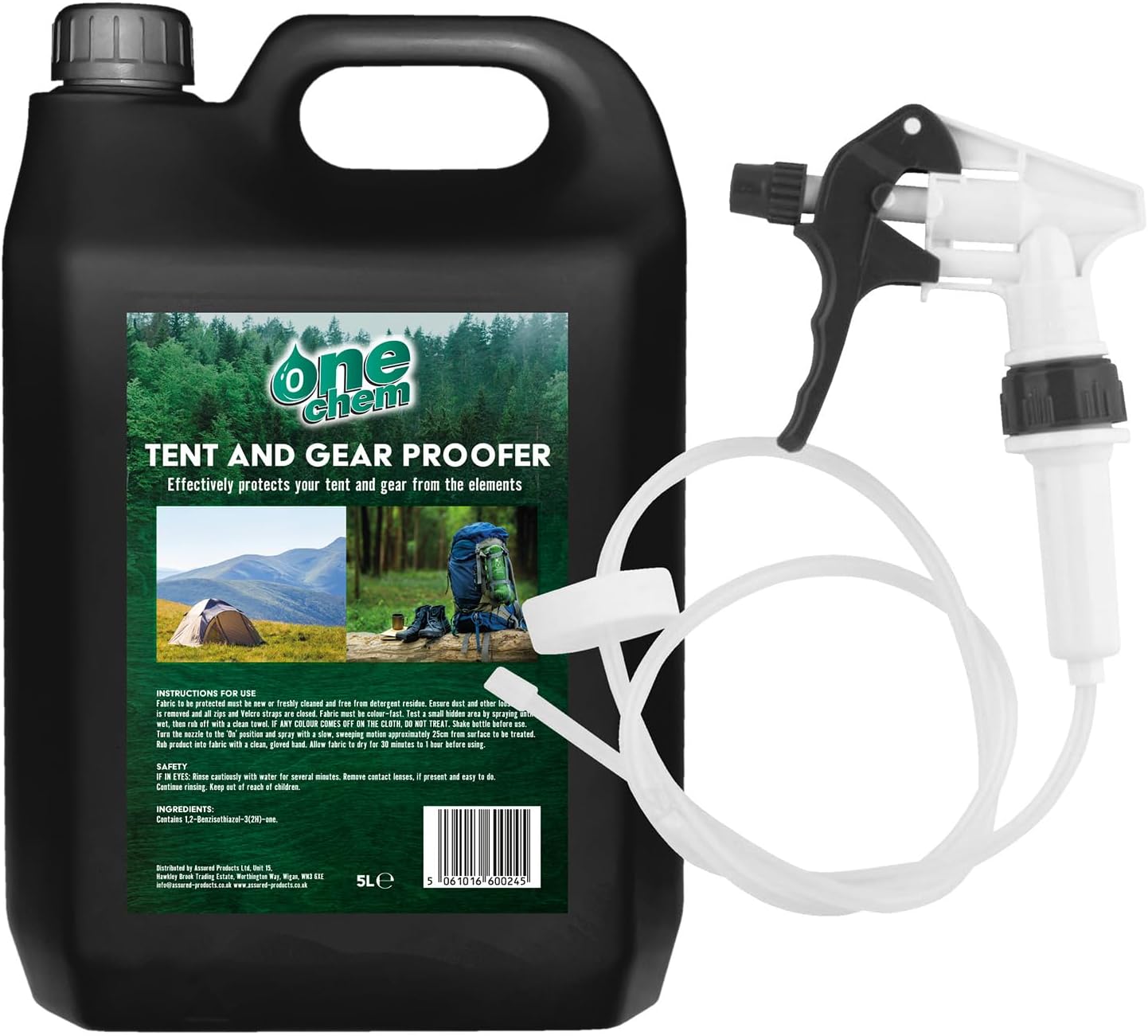 One Chem Tent and Gear Waterproof 5 Litre Spray with Long Hose Trigger, Effectively Protects Tents and Gear From The Elements
